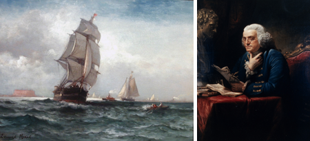 Franklin und ein Schiff aus dem 18. Jahrhundert
