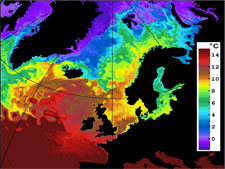 SST map showing the warm North Atlantic Current and its continuation towards the Arctic as the Norwegian Current and West Spitsbergen Current. 