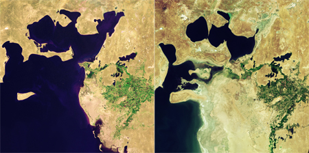 Verzanding van het Aralmeer tussen 1973 en 2000
