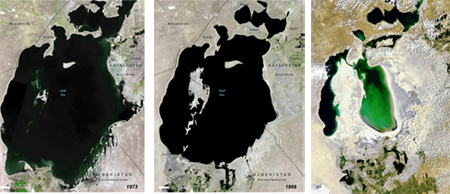 Het krimpen van het Aralmeer 1973 - 1986 - 2006 