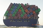 container ship with tilted cargo