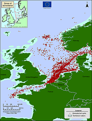 Map of detected oil spills in the North Sea from 1998 to 2004