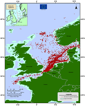 Map of detected oil spills in the North Sea from 1998 to 2004