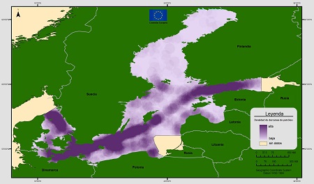 Density of detected oil spills in the Baltic Sea from 1998 to 2004