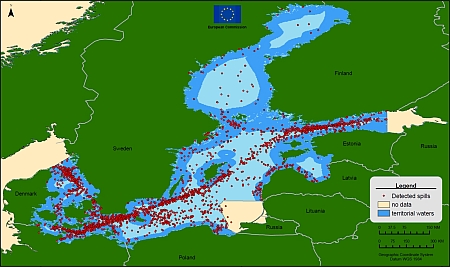 Map of detected oil spills in the Baltic Sea from 1998 to 2004