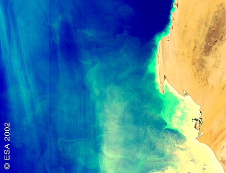Υδάτινα φουσκώματα κοντά στην ακτή της Μαυριτανίας - η εικόνα ελήφθει με το όργανο MERIS  επί του Envisat