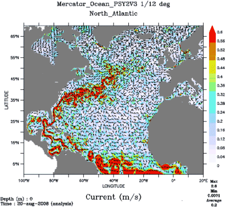 Ocean current forecast from Mercator