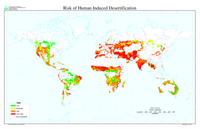خريطة لخطورة التصحر الناتج من تأثير الانسان. 